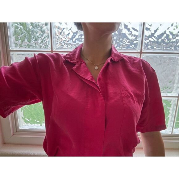 Gitano women’s M vintage 90s button up blouse 100% silk hot pink short sleeve - Picture 1 of 6